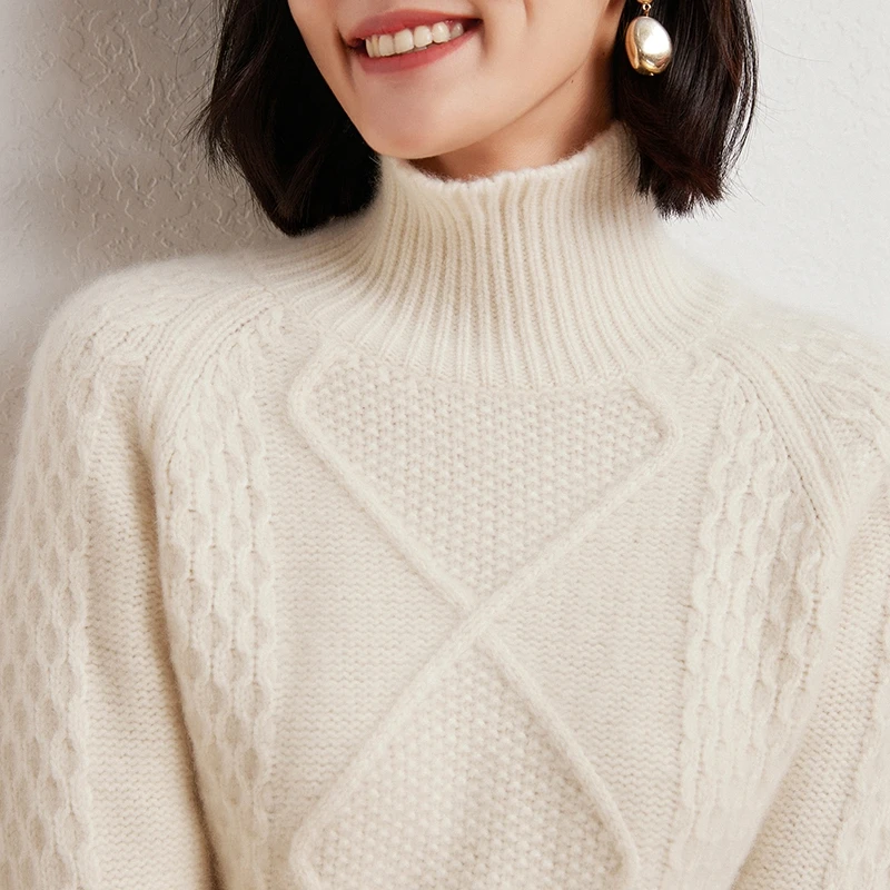 100羊毛高领七针双股提花插肩袖女士羊毛衫