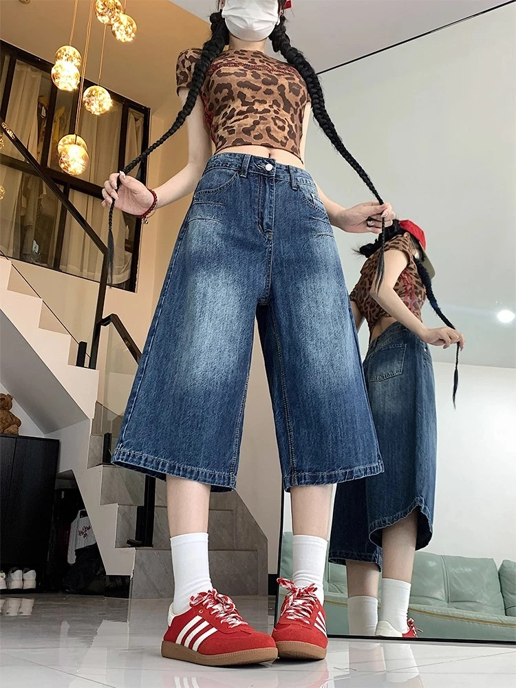 复古直筒牛仔七分裤女夏季新款大码胖mm显瘦梨形身材宽松阔腿裤子