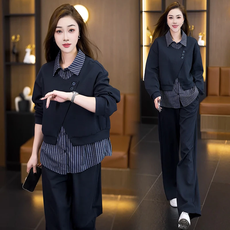 大码200斤欧货条纹衬衫领假两件上衣阔腿裤两件套女休闲套装MM