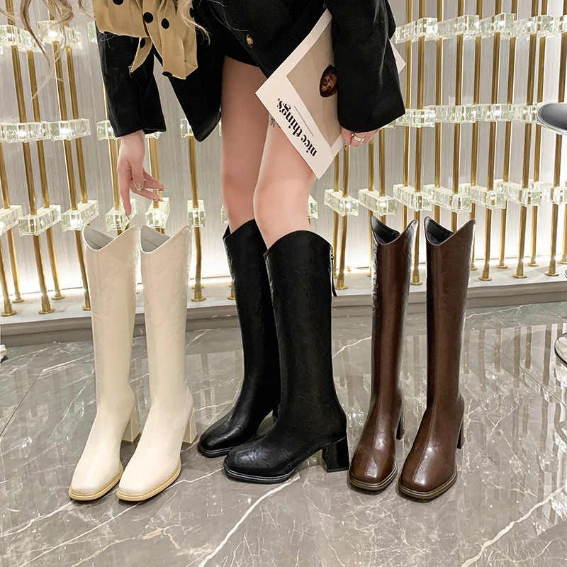 高跟长靴女2025秋冬新款百搭V口方头瘦瘦靴粗跟显瘦长筒靴不过膝