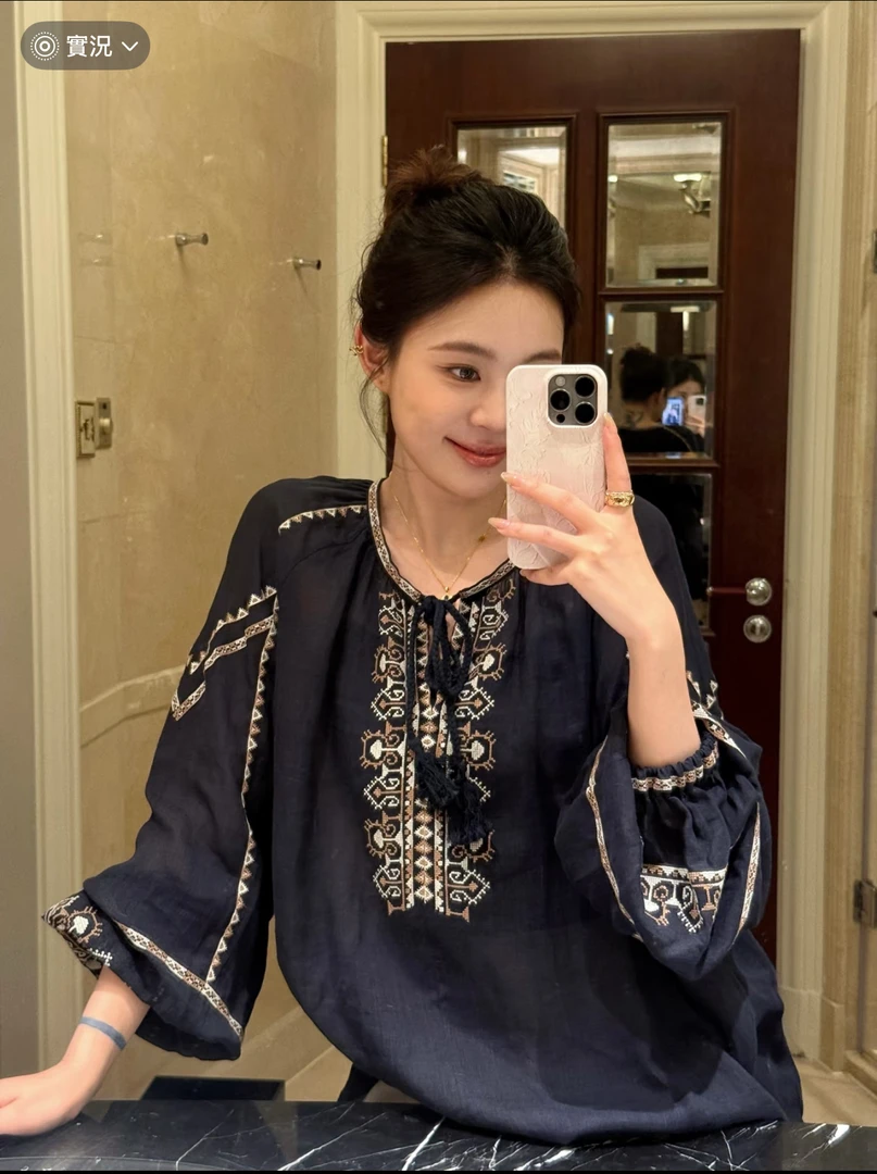 现货【苎麻+整身刺绣】25防晒上衣夏季重工民族风刺绣订染衬衫藏青