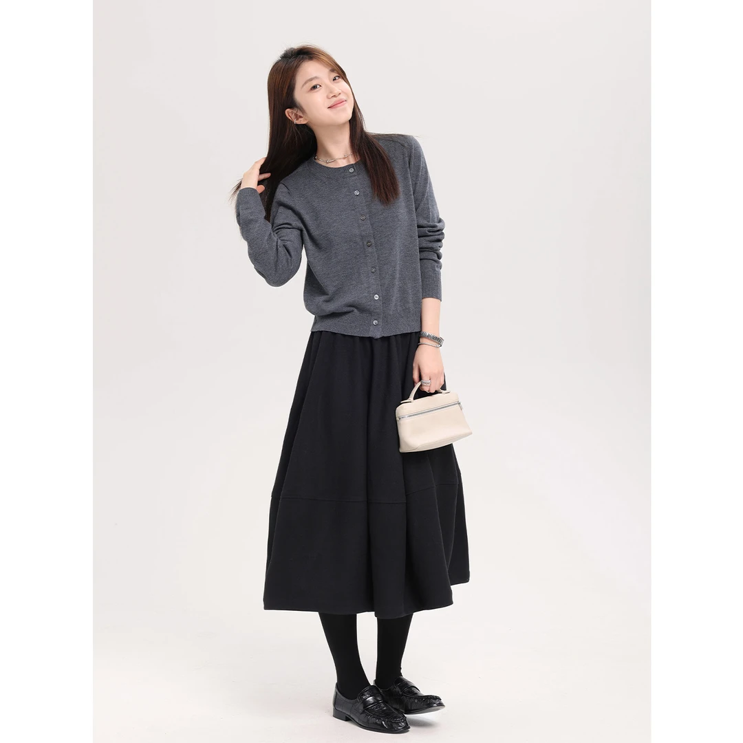 Multi Math泡泡裙/四季可穿黑色显瘦减龄遮肉通勤高级花苞半身裙