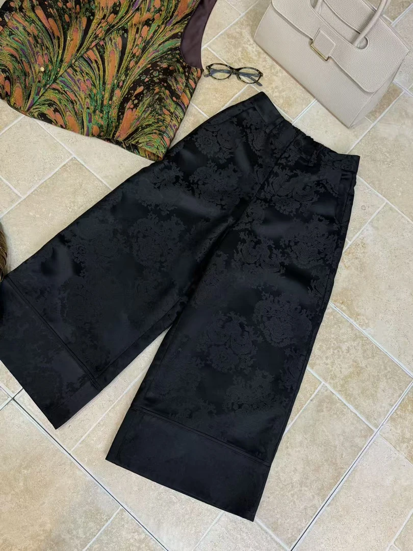 【泊野】新中式阔腿裤直筒九分裤薄款休闲裤提花时尚短裤直筒复古风