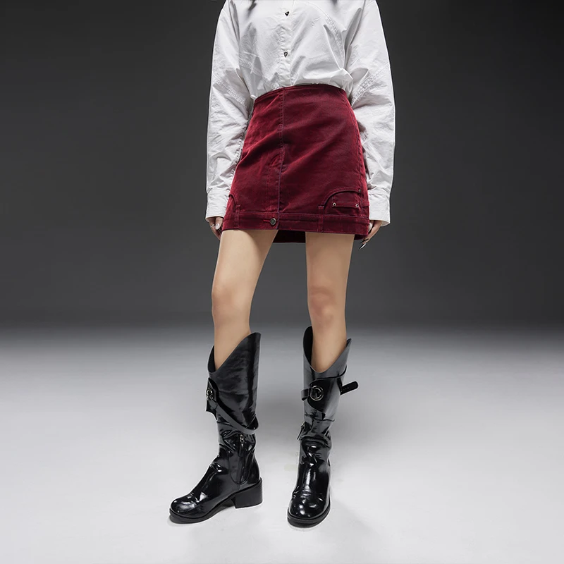 红色绒面半身裙女高腰a字春秋新款直筒显瘦包臀短裙Q40318