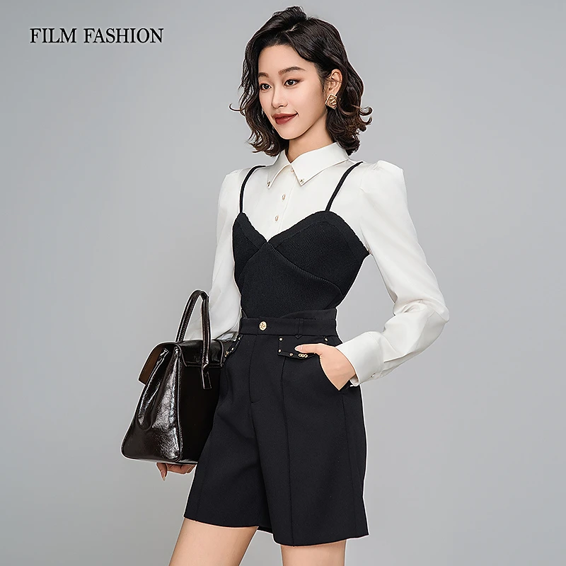 一电影一时装冬季新款气质假两件黑白拼接衬衫上衣女士FGBS811140