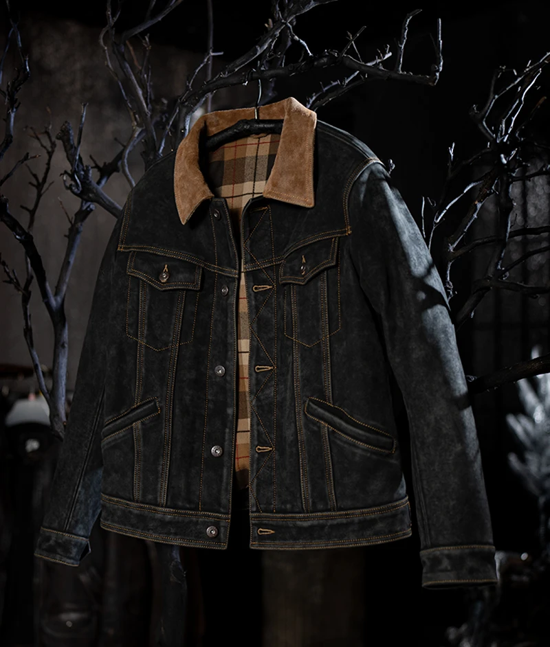 莫臣男装男士真皮皮衣 翻领牛皮绒面男士春秋新款单排扣皮衣 2317