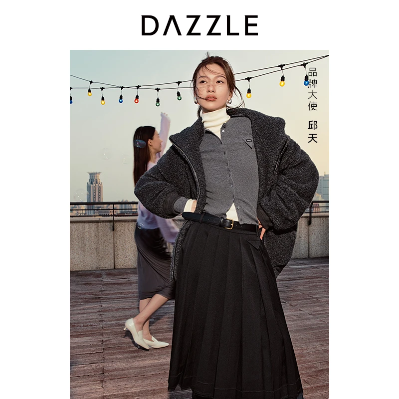 DAZZLE地素奥莱 毛呢外套2024冬季新款耗牛绒连帽夹克2I4G228