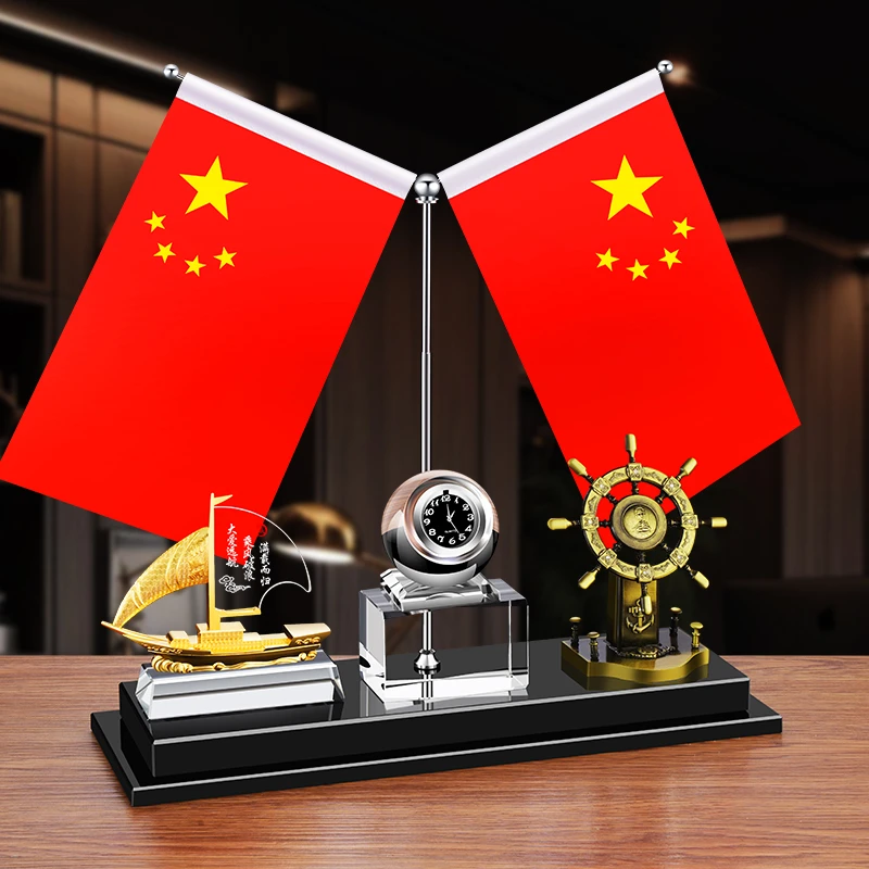 高档办公桌面摆台水晶笔筒收纳盒五星红旗商务开业礼品会议桌摆件