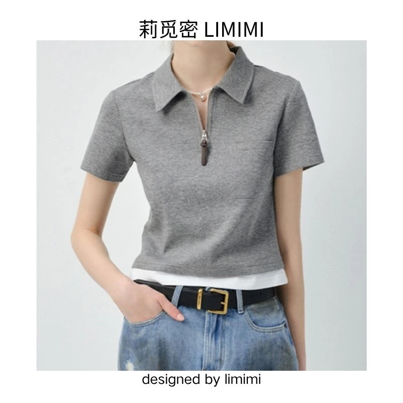 时尚休闲简约假两件Polo衫灰色上衣T恤翻领显瘦百搭修身小众纯色