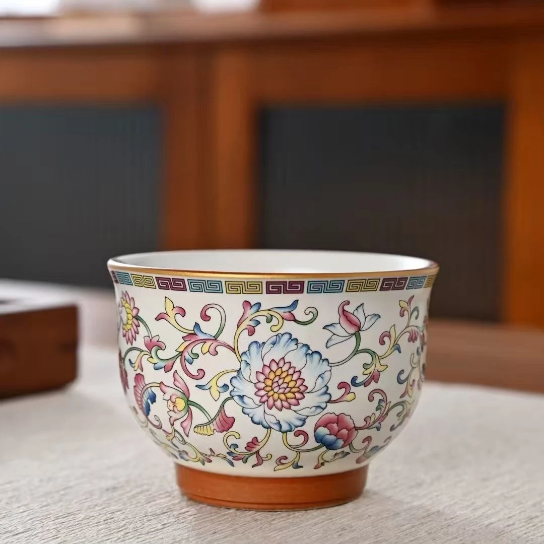 新式汝瓷高脚五彩缠枝莲陶瓷茶杯