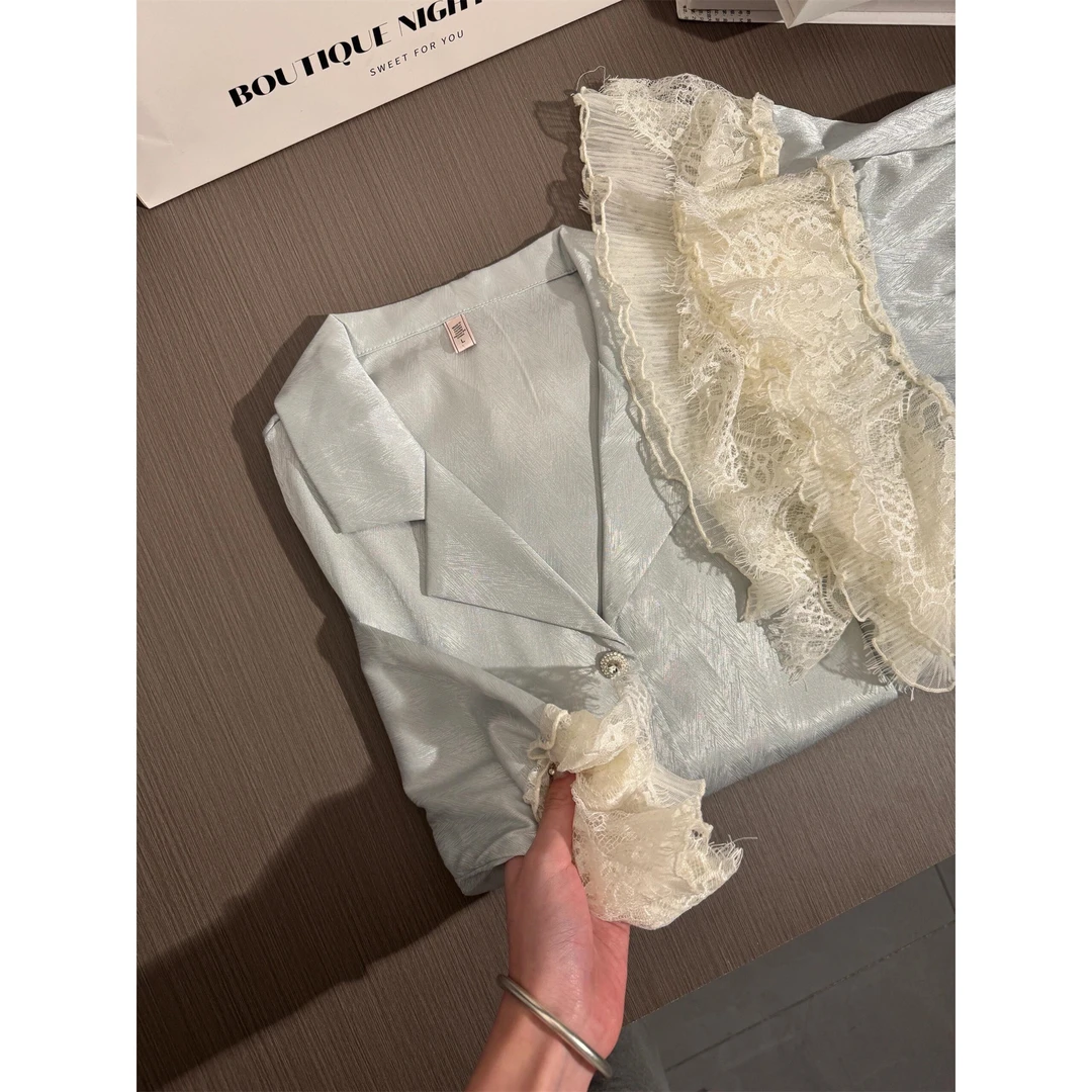 【蕾丝花边】韩版高级感冰丝开衫睡衣女春秋季2025新款家居服套装