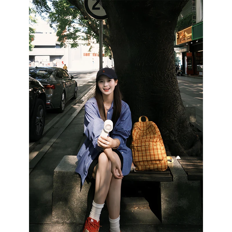 2025新款女士早秋季韩系松弛感休闲宽松百搭格子衬衫上衣高腰短裙