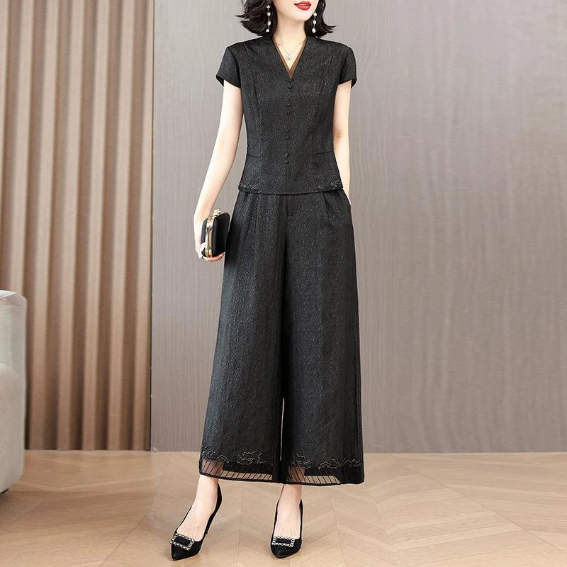 时尚套装女2025年夏季新款气质显瘦遮肚子妈妈装阔腿裤两件套潮