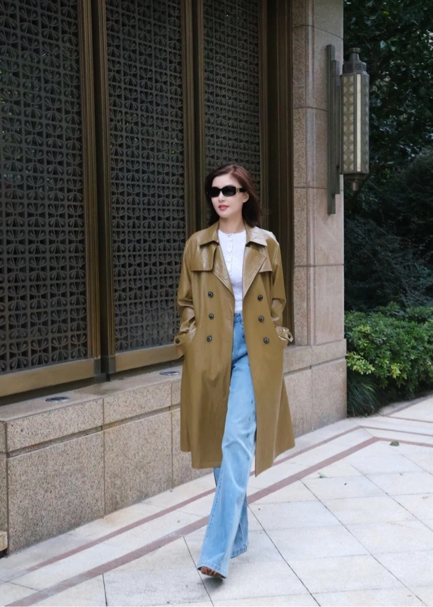 WIWH上衣｜『HQQ专属』法式复古绿色高级感长款风衣外套2E072