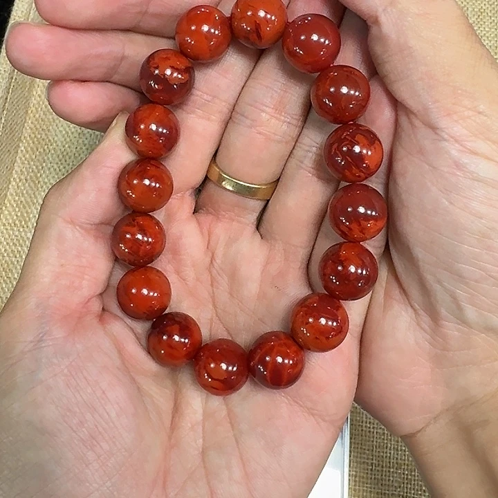 ****酒未镶嵌手链南红玛瑙手串原矿南红牛血火焰纹高品13加