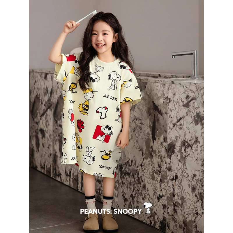 贝妍儿童睡衣夏季新款可爱史努比亲子装薄款纯棉短袖女童休闲睡裙