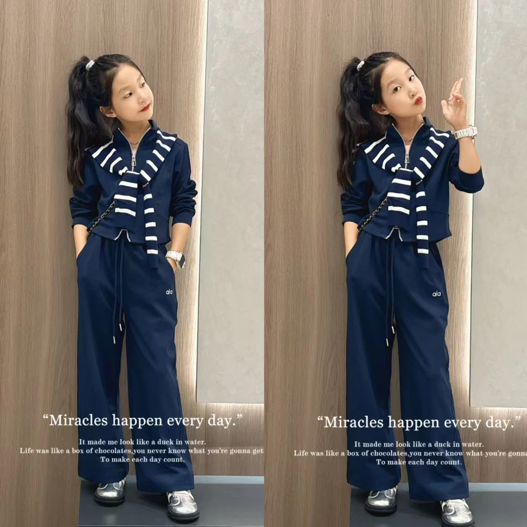 女童披肩套装2025秋季新款外套上衣阔腿裤运动裤直筒裤休闲