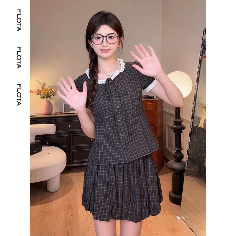 【flota】韩系格纹百褶格子女团风花苞裙女新款显瘦百搭短裙0207