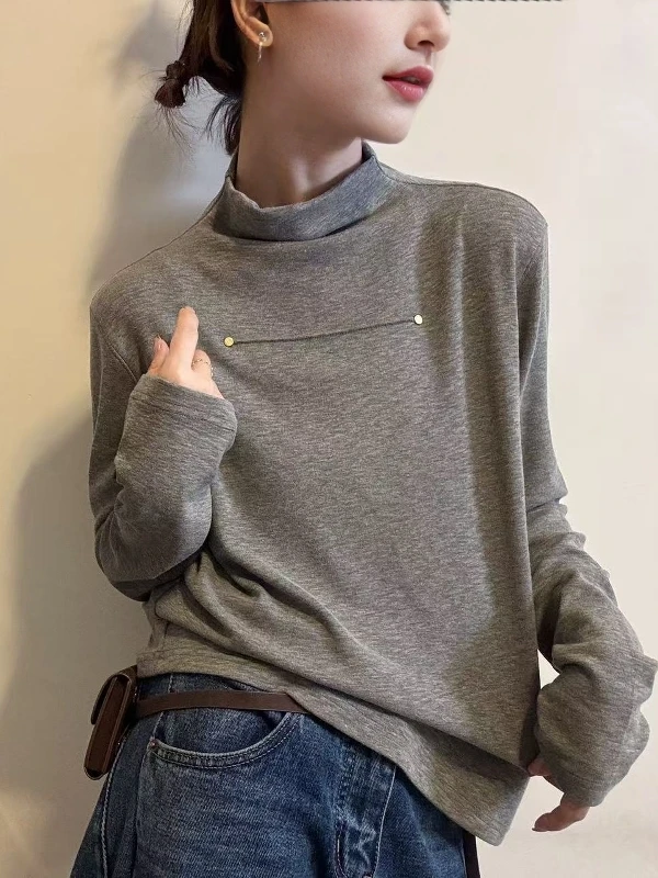 欧洲站2025秋冬新款欧货时尚半高领拉绒加厚长袖打底衫女内搭T恤