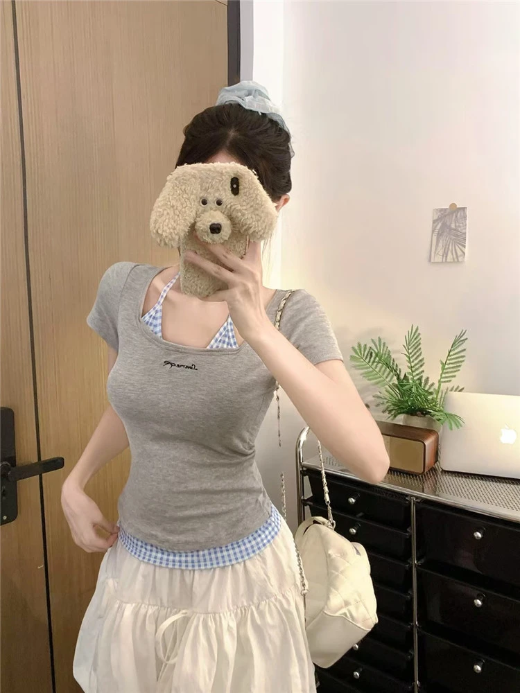 假两件正肩短袖T恤女夏季短款修身甜辣多巴胺内搭打底衫短款上衣