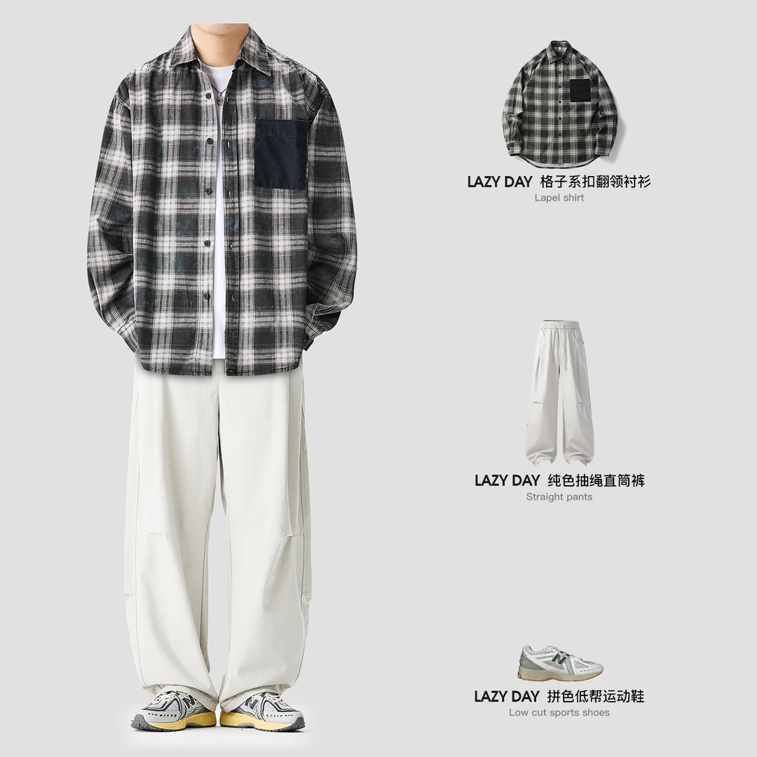 LAZY DAY原创男装日系休闲撞色拼接口袋格纹衬衫男士秋季长袖衬衣
