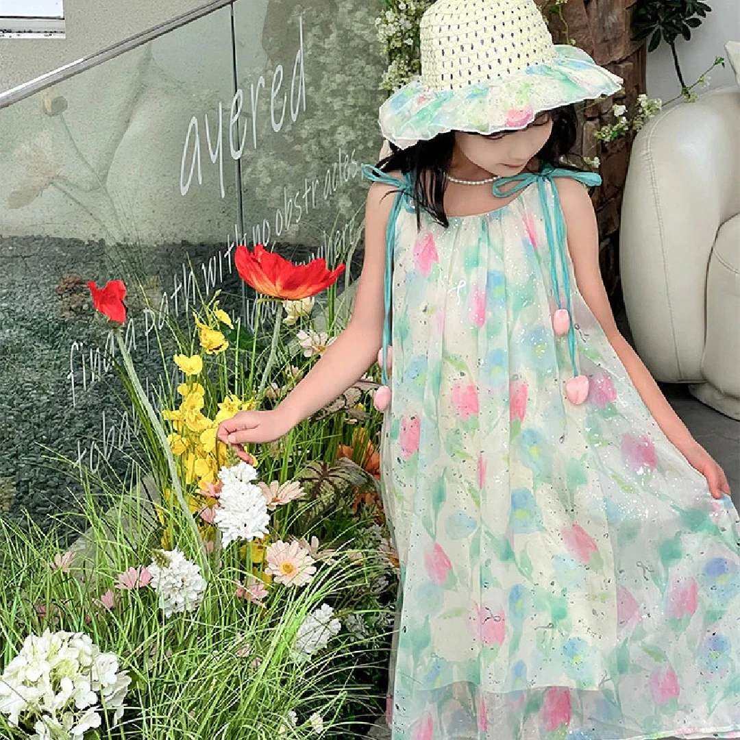 少女风女A字裙碎花夏季连衣裙甜美韩版公主裙女孩女童(送帽子)