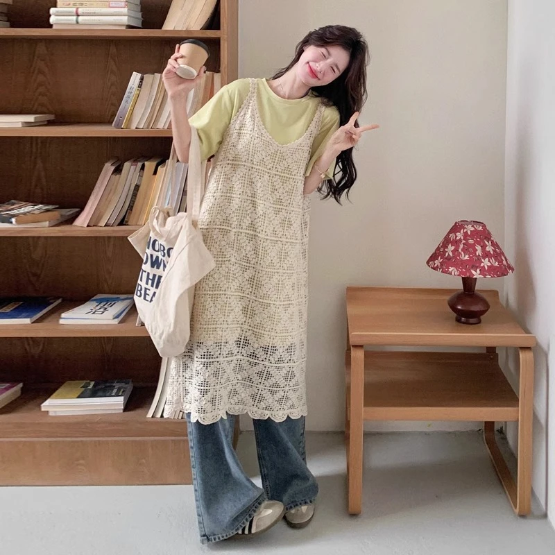 韩系蕾丝镂空吊带连衣裙叠穿T恤裙慵懒两件套2025夏日绝美小裙子