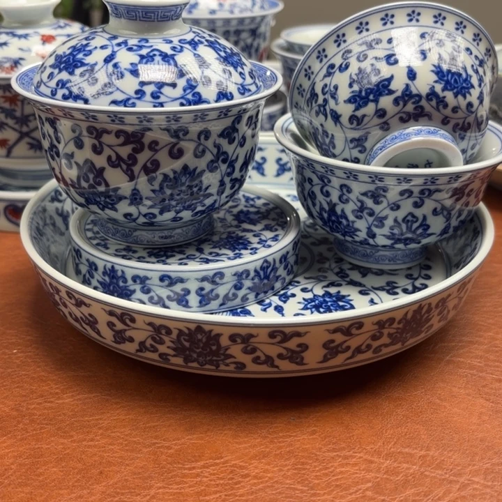 M***l盖碗缠枝莲青花五件套景德镇发货