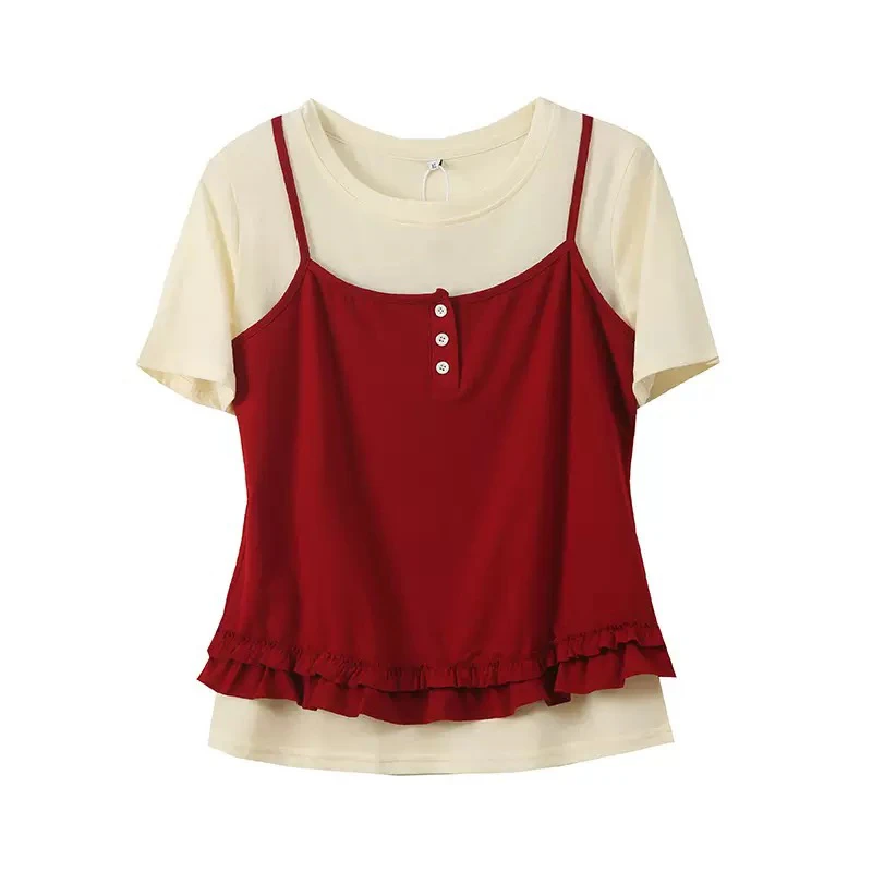 大圆自制 夏季两件套木耳边短袖