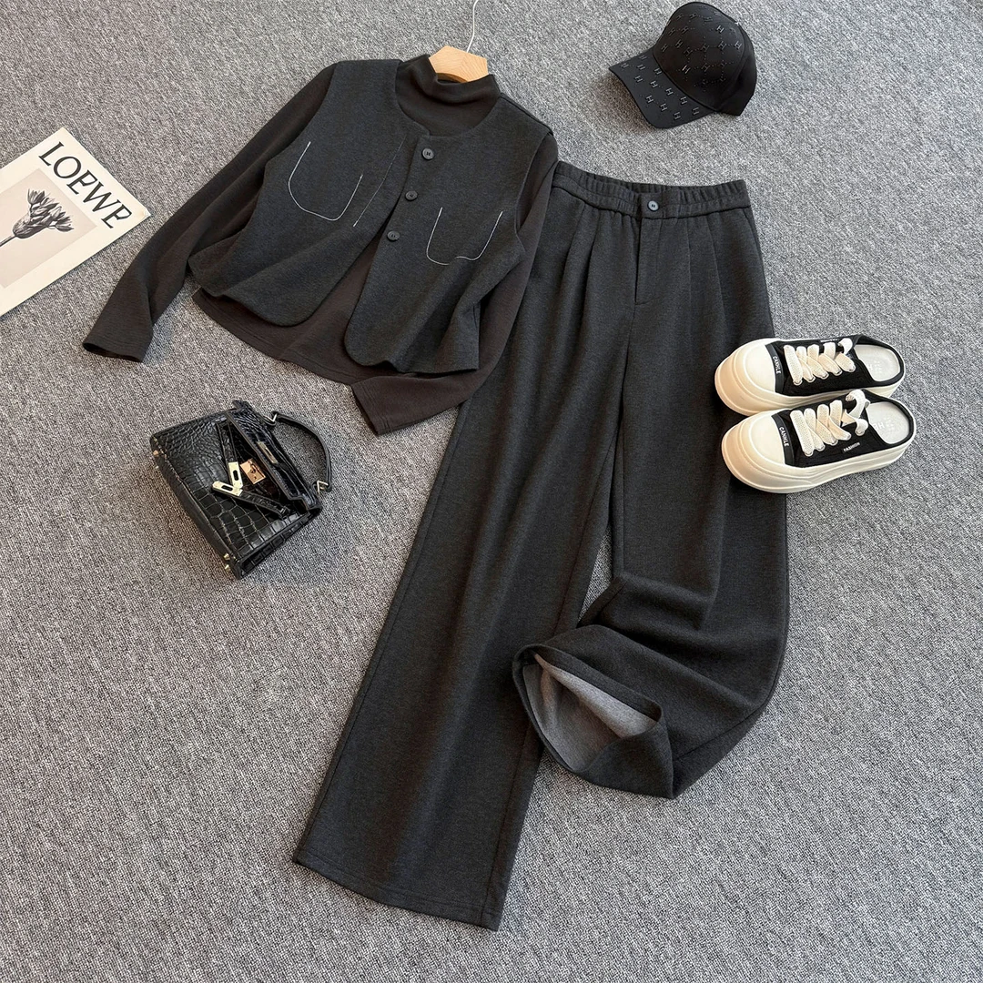 高级感时尚休闲套装女秋季马甲外套内搭深灰打底衫阔腿长裤三件套