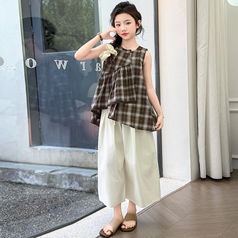 2025夏季新款女童中大童洋气时尚格子无袖裤子套装女大童休闲套装