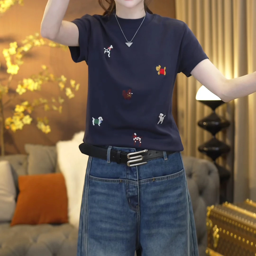 2025春夏新款刺绣正肩短袖T恤衫百搭上衣LK2501303
