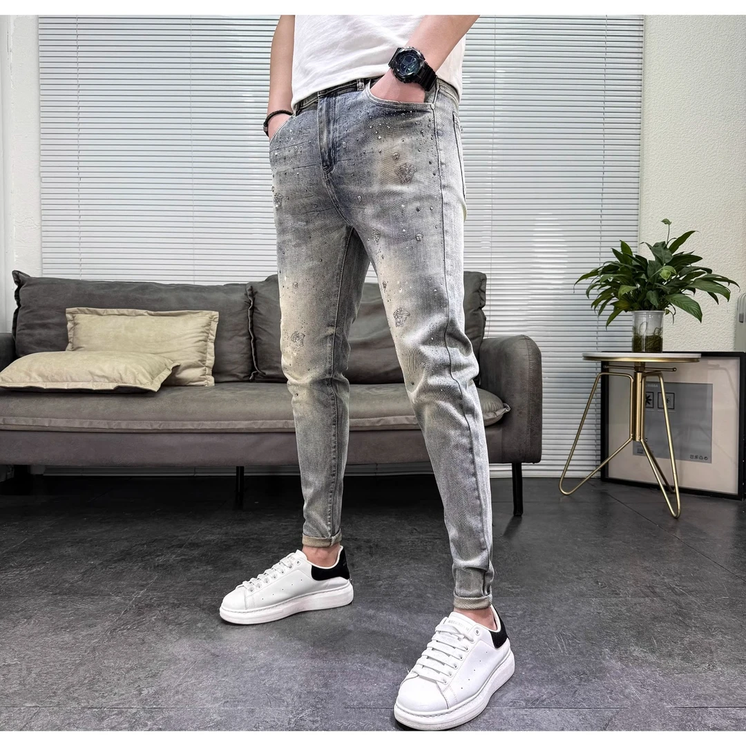 欧货复古怀旧铆钉烫钻弹力印花男士牛仔裤休闲小脚时尚潮设计夏季
