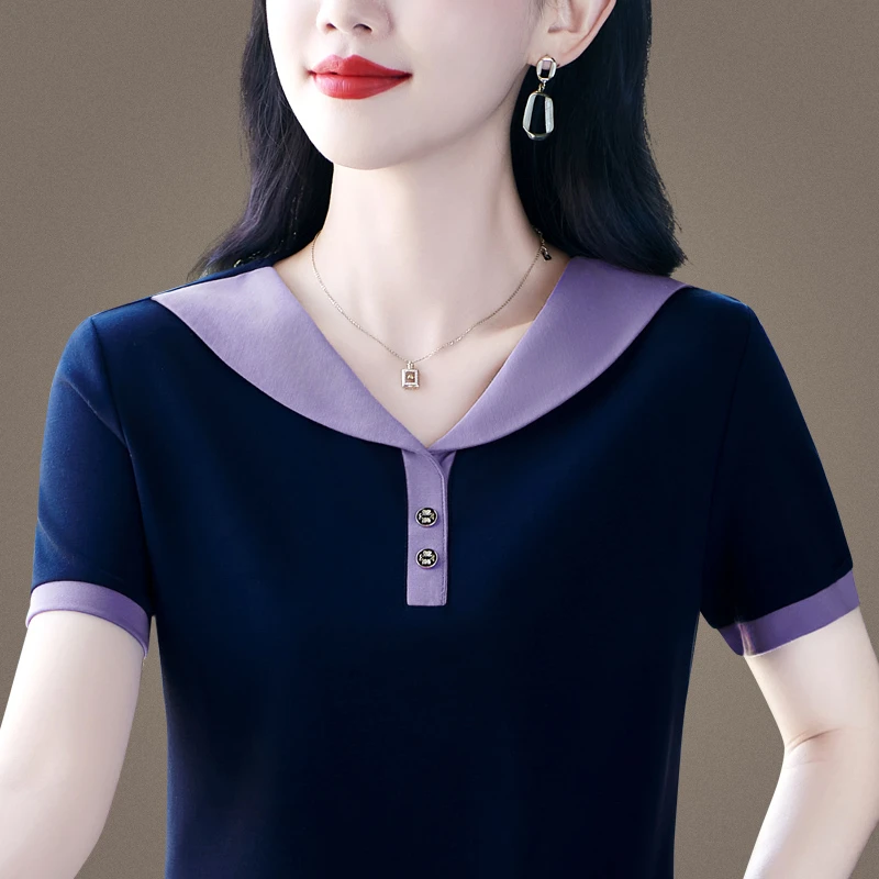 高级感冰丝短袖t恤女夏妈妈海军领宽松时尚洋气休闲小衫大码上衣