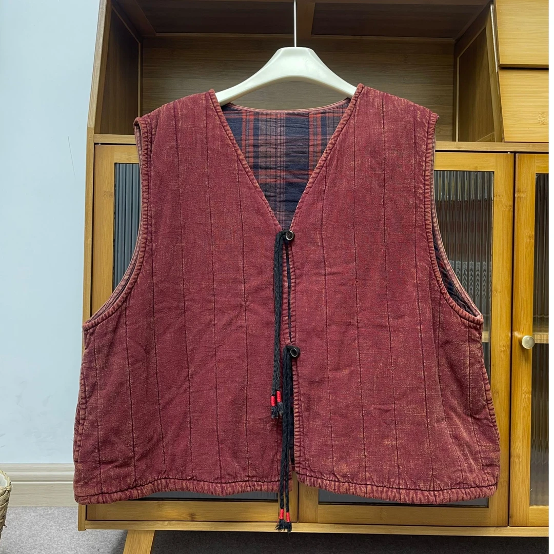 复古炒色做旧 加厚V领棉马甲时尚休闲常规款（衣长60 胸围126）