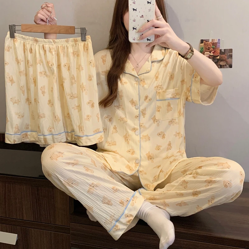 夏天新款云感皱布睡衣女日系ins可爱夏季短袖开衫三件套家居服