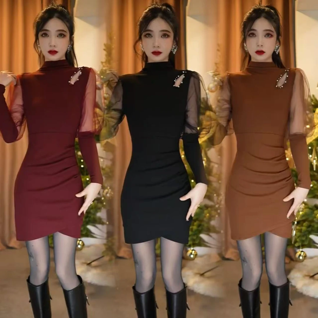 侧镂空镶钻串珠网纱泡泡袖连衣裙褶皱遮肚子显瘦时尚