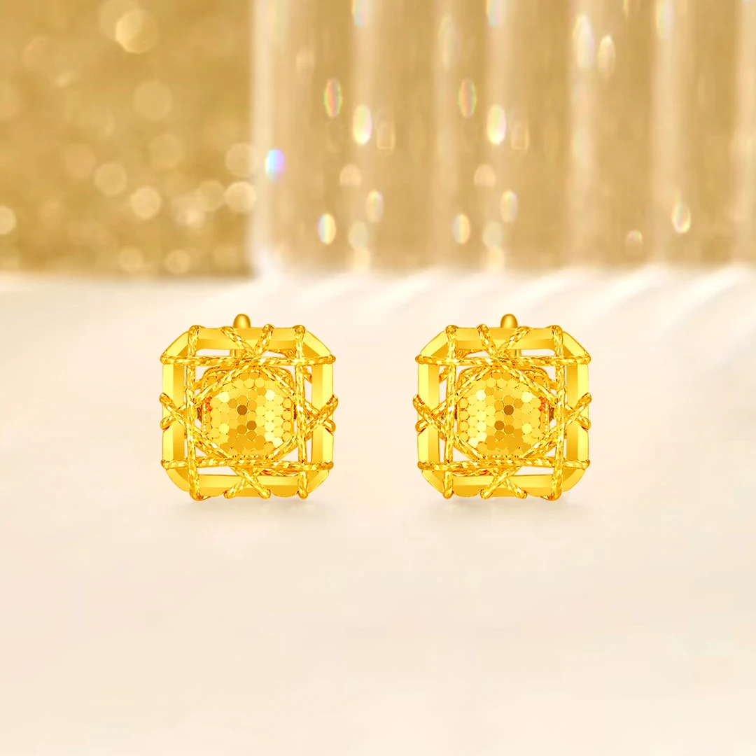 梦金园黄金耳饰女款足金5G镂空鱼鳞小方糖耳钉弯钩款式送女友礼物