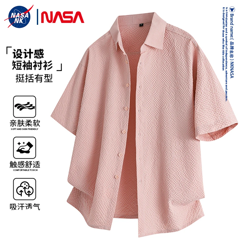 NASA联名翻领短袖衬衫男女同款夏季薄款潮牌休闲高级感宽松衬衣服