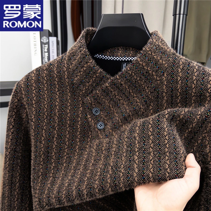 罗蒙加绒加厚爆款男士V领毛衣针织衫冬季时尚潮流保暖长袖打底衫