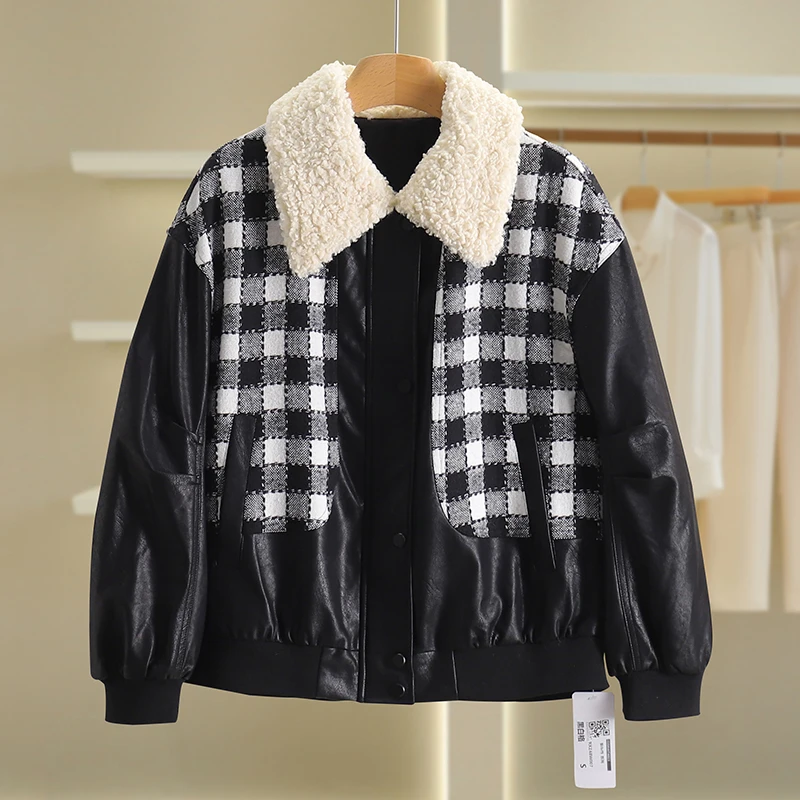 【伍莎-自营】拼接格子宽松皮衣方领短外套#RXZ48W007