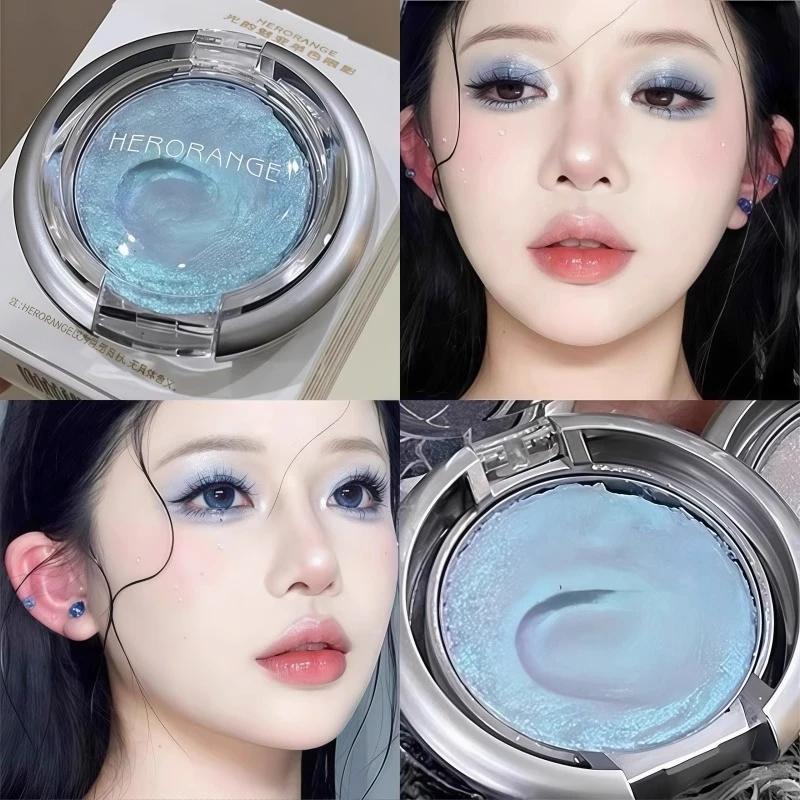 视觉降温感！单色眼影盘蓝色变色龙珠光爆闪亮晶晶提亮卧蚕高光膏