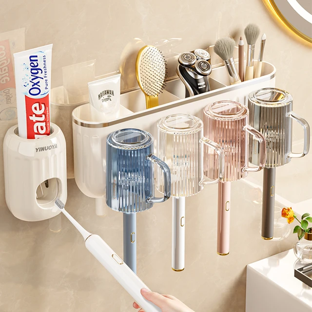 牙刷置物架架子牙膏刷牙杯子壁挂式免打孔家庭漱口杯一家四口三口