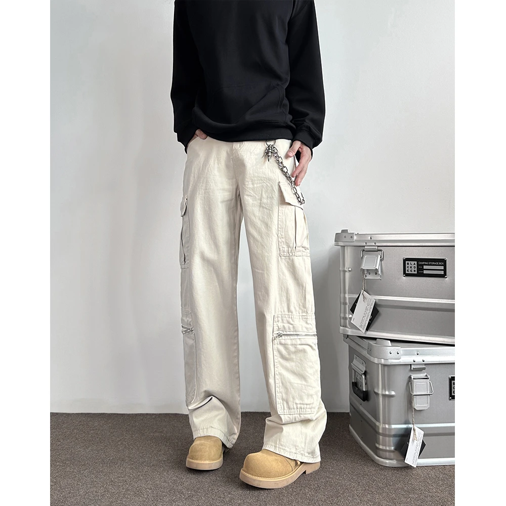 春夏纯棉水洗工装多口袋休闲裤cleanfit阔腿拉链机能牛仔裤潮N62