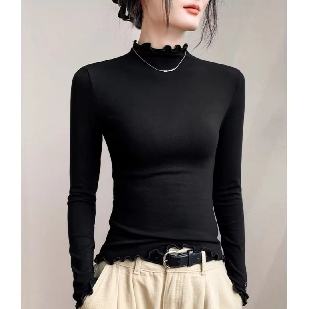 【2609】针织纯色慵懒风长袖常规圆领T恤白色秋冬高领打底衫