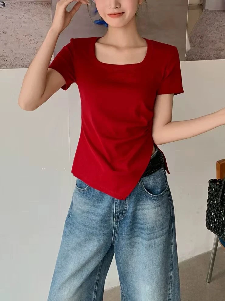 E念2918韩版极简风纯色方领不规则开叉修身显瘦短袖T恤上衣女夏潮