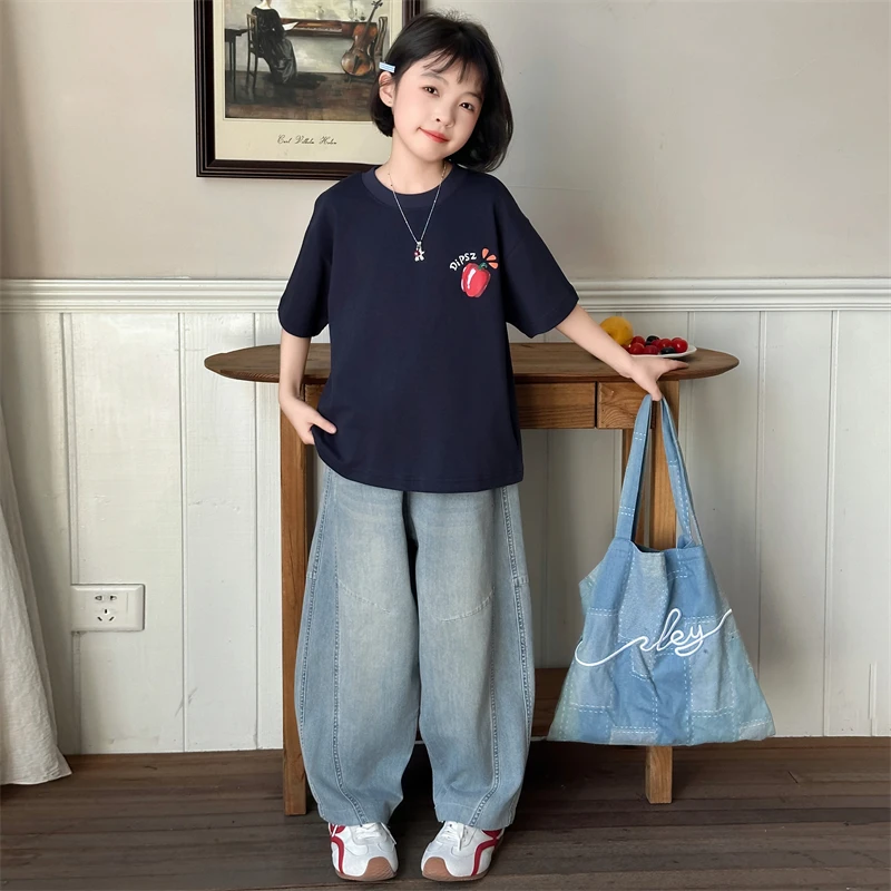 女童夏季印花T恤套装2025新款女大童休闲时尚短袖牛仔裤两件套潮