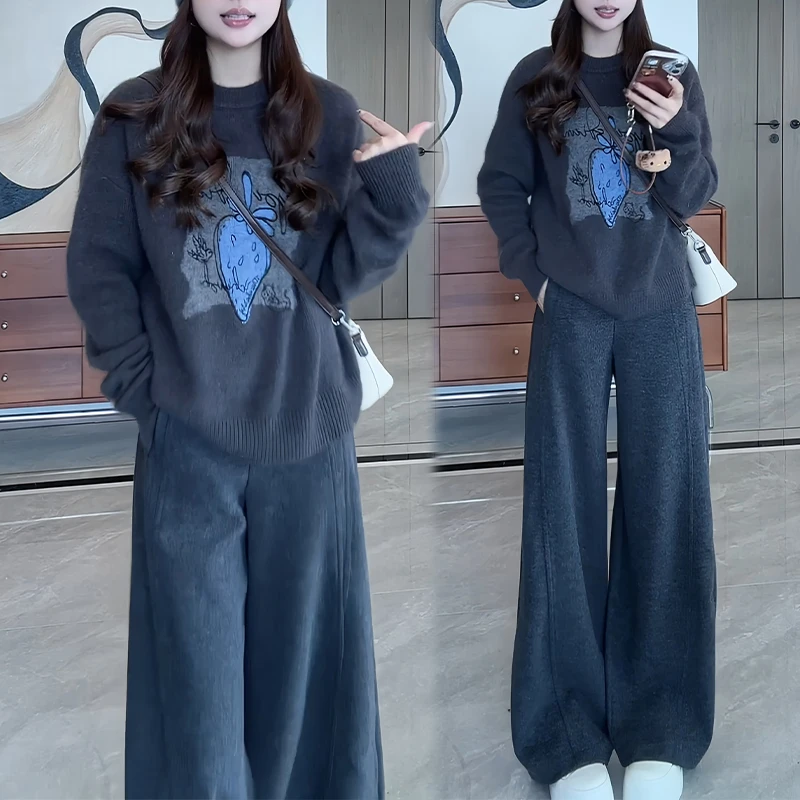 韩系休闲风时尚潮流套装女2025年秋冬新款慵懒简约上衣裤子两件套