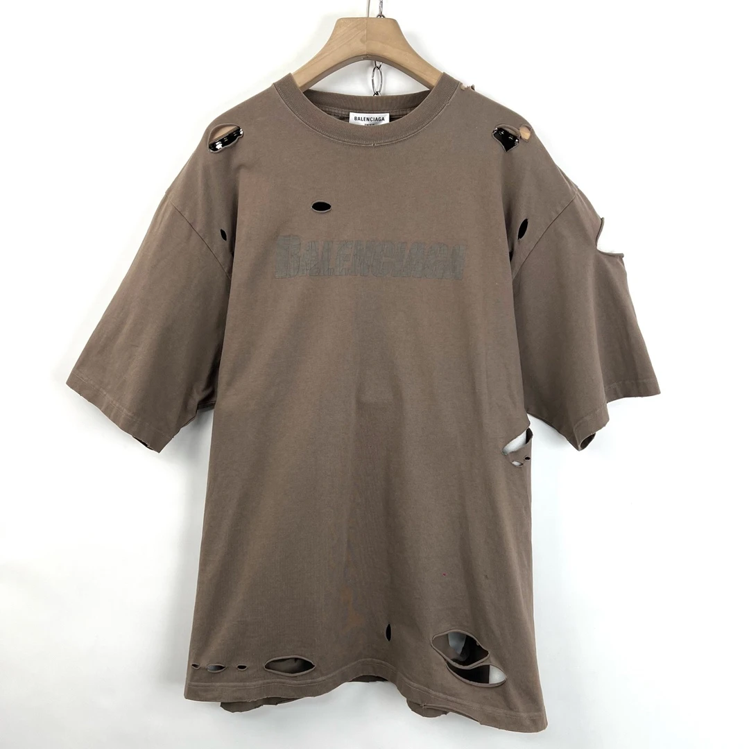 99新 Balenciaga/巴黎世家 XS码/棕色大破洞裂纹logo短袖/05989