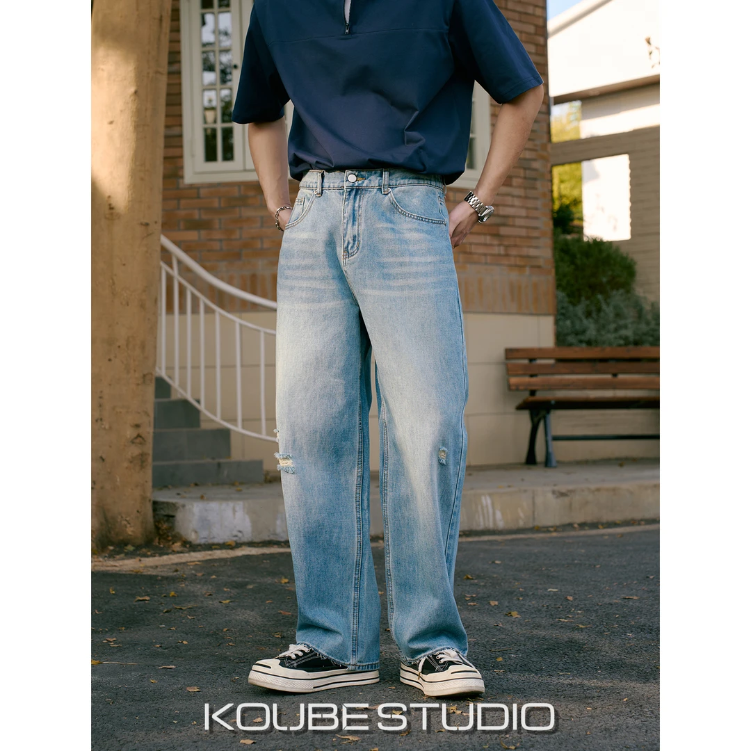 余乐「毛边破洞设计」复古蓝做旧洗水直筒牛仔裤男宽松cleanfit长裤